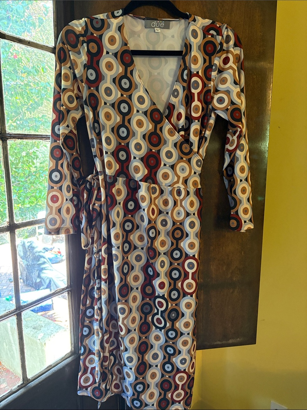 Due Geometric Wrap Midi Dress in Blue, Brown, Cream and Red
